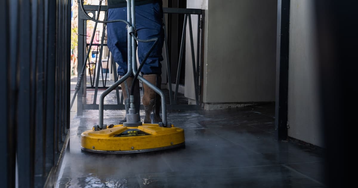 A pressure washing operator writing up a quote on a phone next to a freshly cleaned driveway